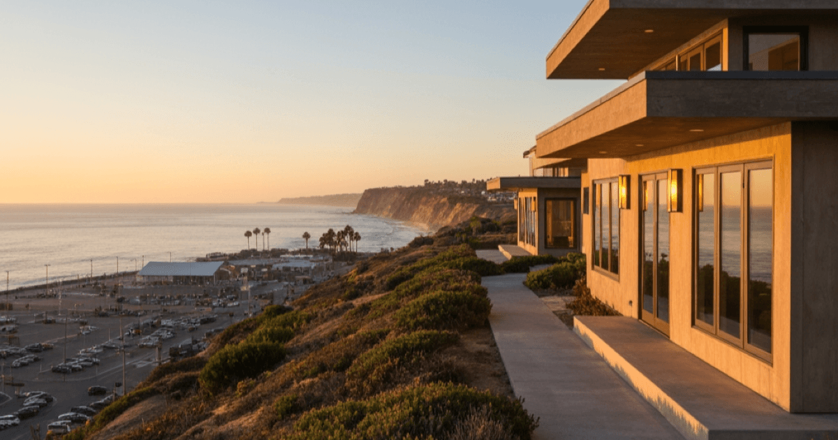 Del Mar beachfront property near Powerhouse Park showing coastal bluffs and canyon environment
