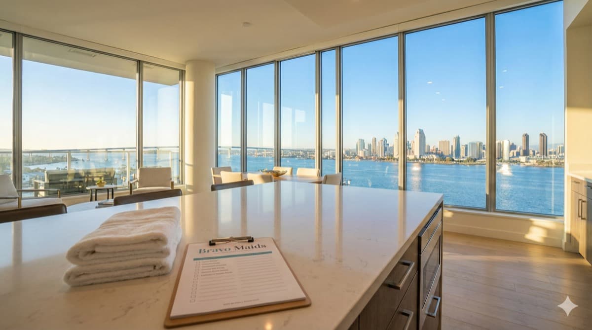Luxury high-rise condo interior in San Diego with panoramic ocean views