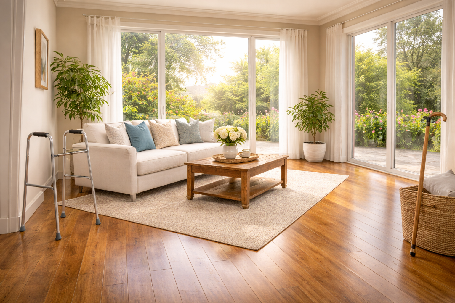 Bright, safe living room with clean floors — chemical-free cleaning for seniors